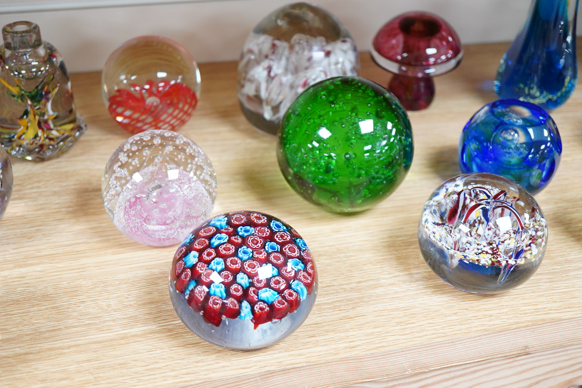 A large collection of 20th century paperweights to include Svaja, Mdina and some novelty examples in the form of animals, largest 27cm high